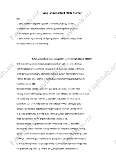 soliq xizmati va bojxona organlari faoliyatining huquqiy asoslari — DOCX