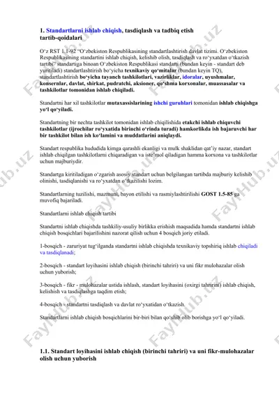 standartlarni ishlab chiqish, tasdiqlash va tadbiq etish — DOCX