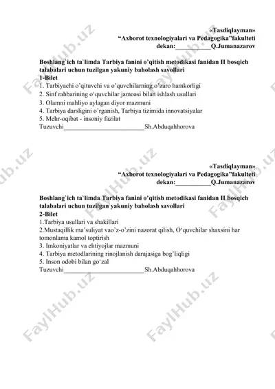 boshlang'ich ta'limda tarbiya fanini o’qitish metodikasi fanidan ii bosqich talabalari uchun tuzilgan yakuniy baholash savollari — DOCX
