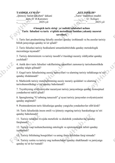 tarix falsafasi va tarix o‘qitish metodikasi nazorat savollari kitobi — DOCX