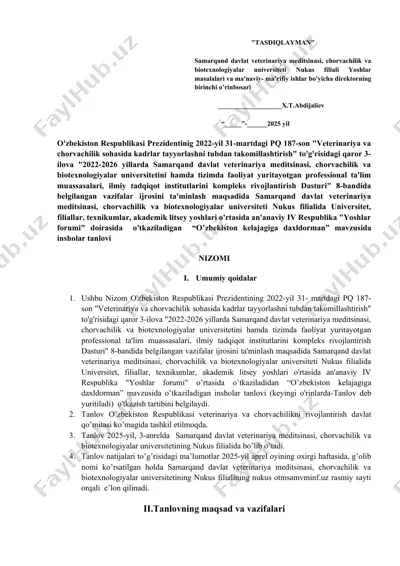 "yoshlar forumi o'zbekiston kelajagiga daxldorman" mavzusida insholar tanlovi nizomi — DOCX