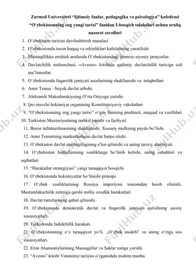 "o‘zbekistonning eng yangi tarixi fanidan i-bosqich talabalari uchun oraliq nazorat savollari" — DOCX