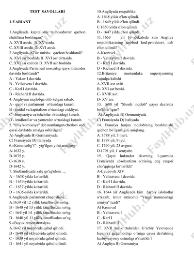angliya tarixi test saviyasi — DOCX