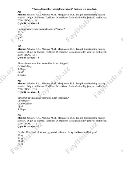 termodinamika va issiqlik texnikasi fanidan test savollari — DOC