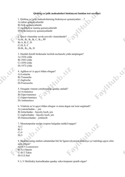 qishloq xo‘jalik mahsulotlari biokimyosi fanidan test savollari — DOCX
