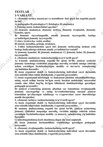 jismoniy tarbiya nazariyasi va metodikasi testlar — DOCX