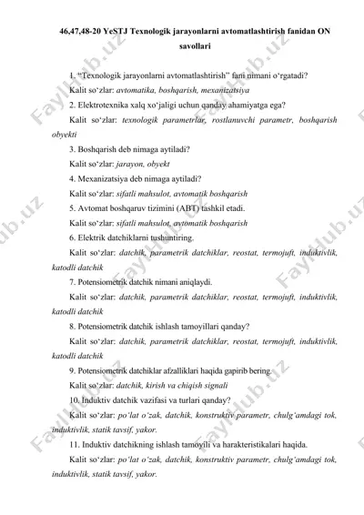 texnologik jarayonlarni avtomatlashtirish fanidan on savollari — DOCX