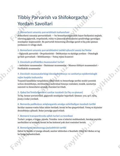 tibbiy parvarish va shifokorgacha yordam savollari — DOCX