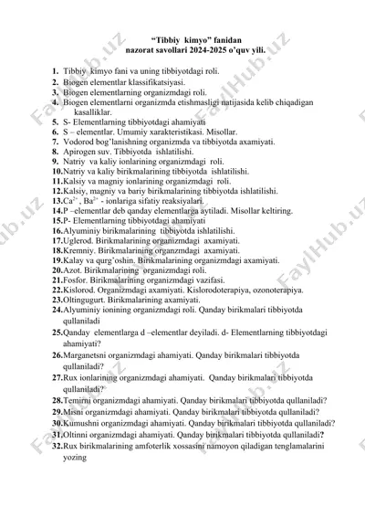 tibbiy kimyo fanidan nazorat savollari 2024-2025 o’quv yili — DOCX