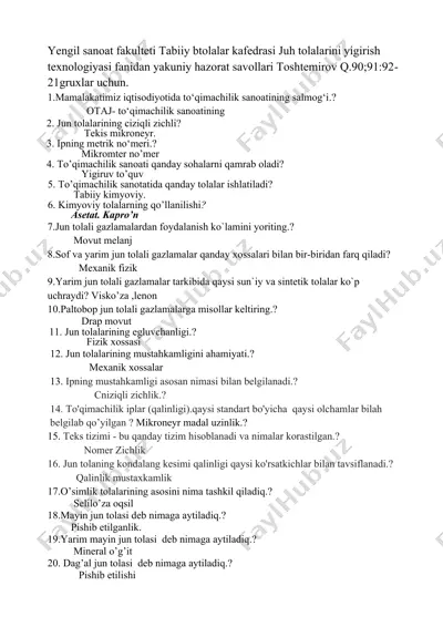 yigirish texnologiyasi fanidan yakuniy hazorat savollari — DOCX