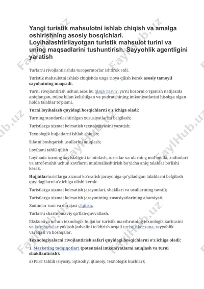 yangi turistik mahsulot yaratish va amalga oshirish — DOCX