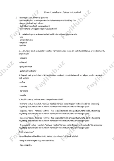 umumiy psixologiya fanidan test savollari — DOCX