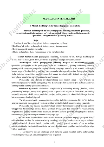 boshlang‘ich ta’lim pedagogikasi fanining maqsad va vazifalari — DOCX