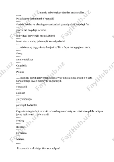 umumiy psixologiya fanidan test savollari — DOCX