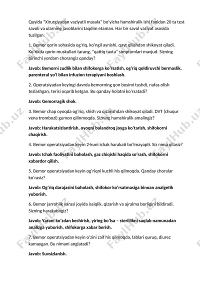 xirurgiyadan vaziyatli masala bo‘yicha hamshiralik testlar — DOCX