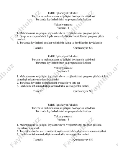 turizmda loyihalashtirish va prognozlash fanidan — DOCX