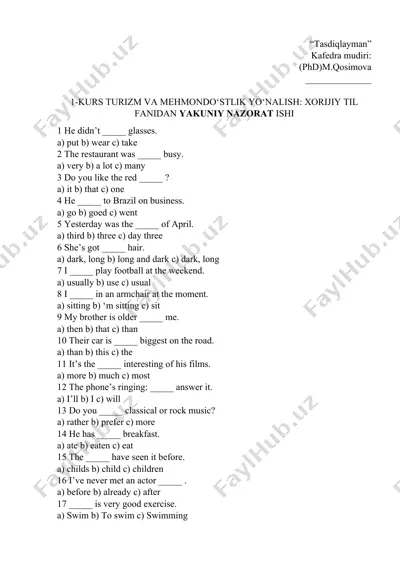 turizm va mehmondo‘stlik yo‘nalishining yakuniy nazorati — DOCX