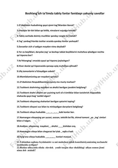 boshlang’ich ta’limda tabiiy fanlar fanidaqn yakuniy savollar — DOCX