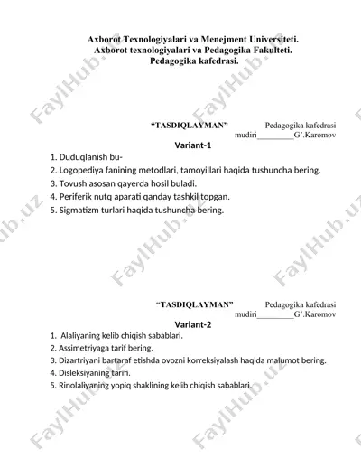 logopediya fanining metodlari, tamoyillari haqida malumotlar — DOCX