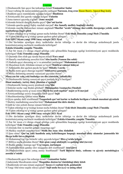 dinshunoslik oraliq savollar — DOC