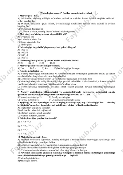 metrologiya asoslari fanidan umumiy test savollari — DOC
