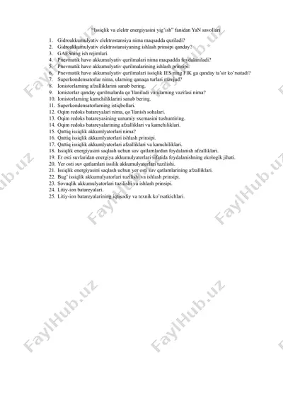 issiqlik va elektr energiyasini yig’ish fanidan yan savollari — DOCX