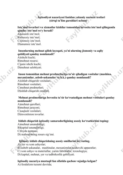 iqtisodiyot nazariyasi fanidan yakuniy nazorat testlari — DOCX