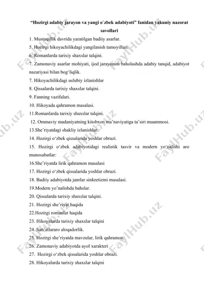 “hozirgi adabiy jarayon va yangi o`zbek adabiyoti” fanidan yakuniy nazorat savollari — DOCX