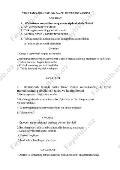 tabiiy fanlardan yakuniy savollari variant asosida — DOCX