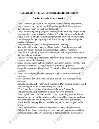 daryolar, ko’llar, muzliklar gidrologiyasi — DOCX