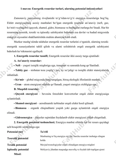 energetik resurslar turlari va potensial imkoniyatlari — DOCX