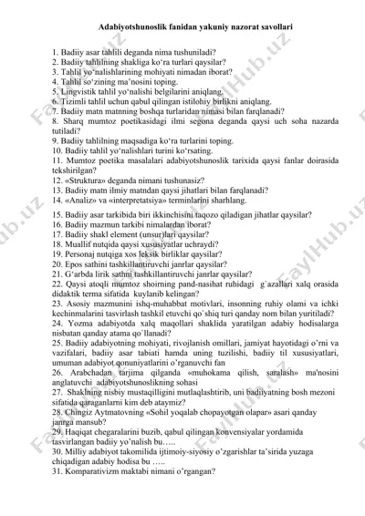adabiyotshunoslik fanidan yakuniy nazorat savollari — DOC