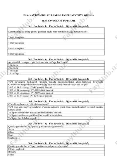 avtomobil yo‘llarini ekspluatatsiya qilish test savollari to‘plami — DOCX