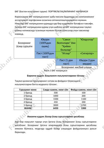 бкг (бостон колсалтинг гурухи) портфельтаҳлилининг намунаси — DOCX