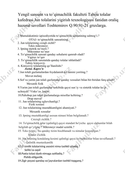 jun tolalarini yig'irish texnologiyasi fanidan oraliq hazorat savollari — DOCX
