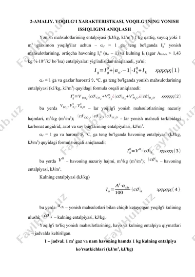 yoqilg'ining xarakteristikasi, yoqilg'ining yonish issiqligini aniqlash — DOCX