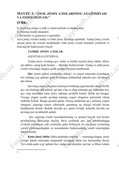 ayol jinsiy a'zolari tuzilishi va fizsiologiyasi — DOCX