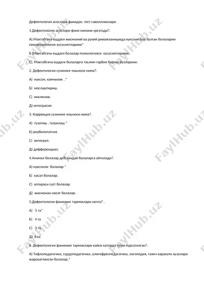 дефектология асослари фанидан тест саволлликлари — DOCX