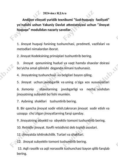 yakuniy davlat attestatsiyasi "jinoyat huquqi" modulidan savollar — DOCX