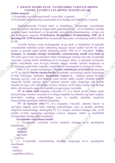 favqulodda vaziyatlarning tasnifi, tavsifi va xususiyatlari — DOCX