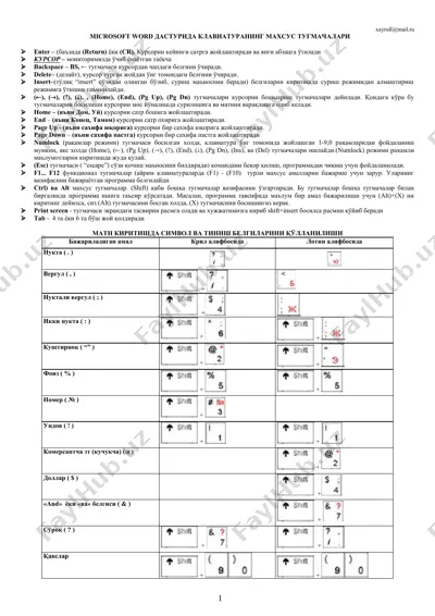 microsoft word dasturidagi klaviatura mahsus tugmacha — DOC