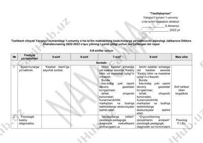 1-umumiy o‘rta ta’lim maktabining kasb-hunarga yo‘naltiruvchi psixologi jabbarova dildora sheralievnaning 2022-2023 o‘quv yilining i-yarim yilligi uchun mo‘ljallangan ish rejasi — DOCX
