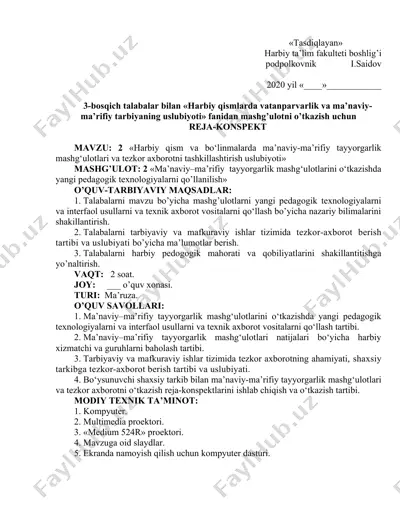 harbiy ta’lim fanidan mashg’ulot "harbiy qismlarda vatanparvarlik va ma’naviy-ma’rifiy tarbiyaning uslubiyoti" — DOCX