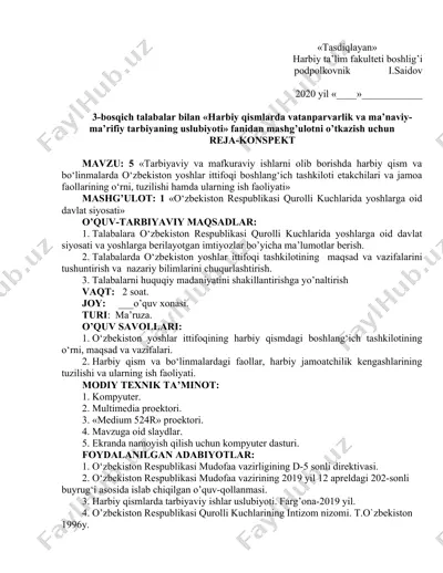 harbiy ta’lim fakulteti boshlig’i tomonidan tasdiqlangan reja-konspekt — DOCX