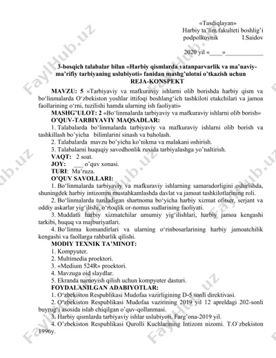 talabalarga yo'naltirish reja-konspekti "tarbiyaviy va mafkuraviy ishlarni olib borishda harbiy qism va bo'linmalarda o'zbekiston yoshlar ittifoqi boshlang‘ich tashkiloti etakchilari va jamoa faollarining o'rni, tuzilishi hamda ularning ish faoliyati" — DOCX
