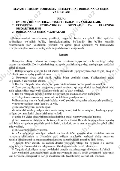 umumiy dorinoma (retseptura). dorixona va uning vazifalari — DOCX
