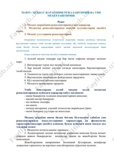 mehnat jarayonini rejalashtirish va uni me'yori — DOCX