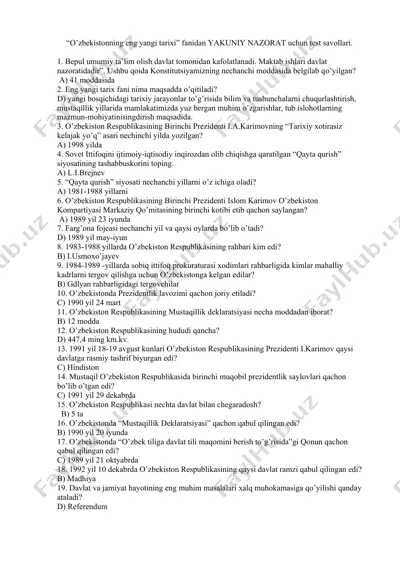 o’zbekistonning eng yangi tarixi uchun yakuniy nazorat test savollari — DOCX