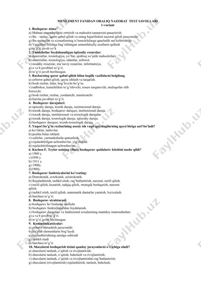 menejment fanidan oralig nazorat test savollari — DOCX