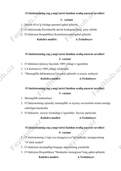 o’zbekistonning eng yangi tarixi fanidan oraliq nazorat savollari — DOCX